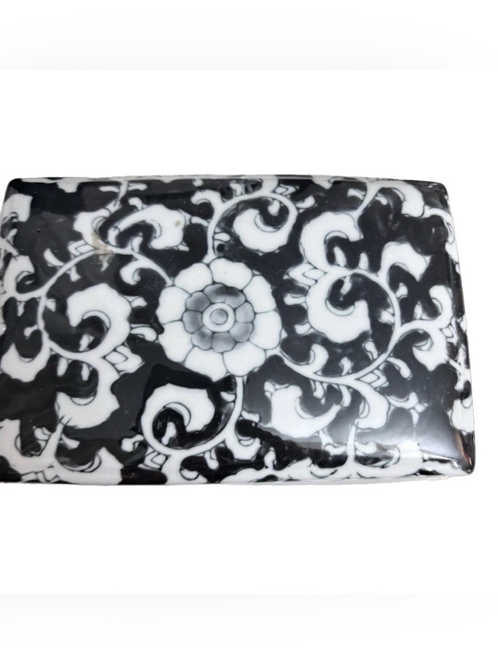 Black White Porcelain Lidded Trinket Box Floral Scroll Design Chinoiserie